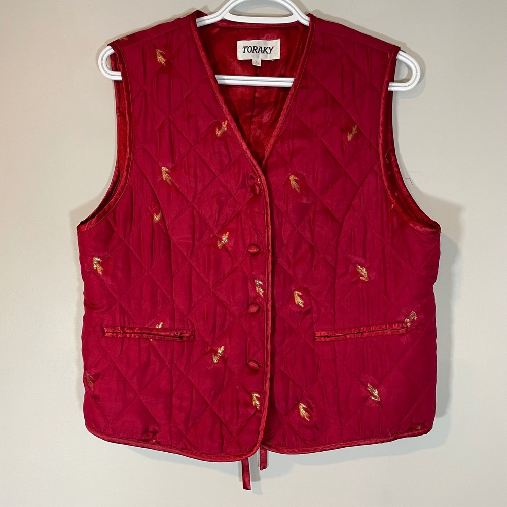 Toraky Red Pure Silk Quilted Vest Gold Embroidery Back‎ Tie L Festival Asian